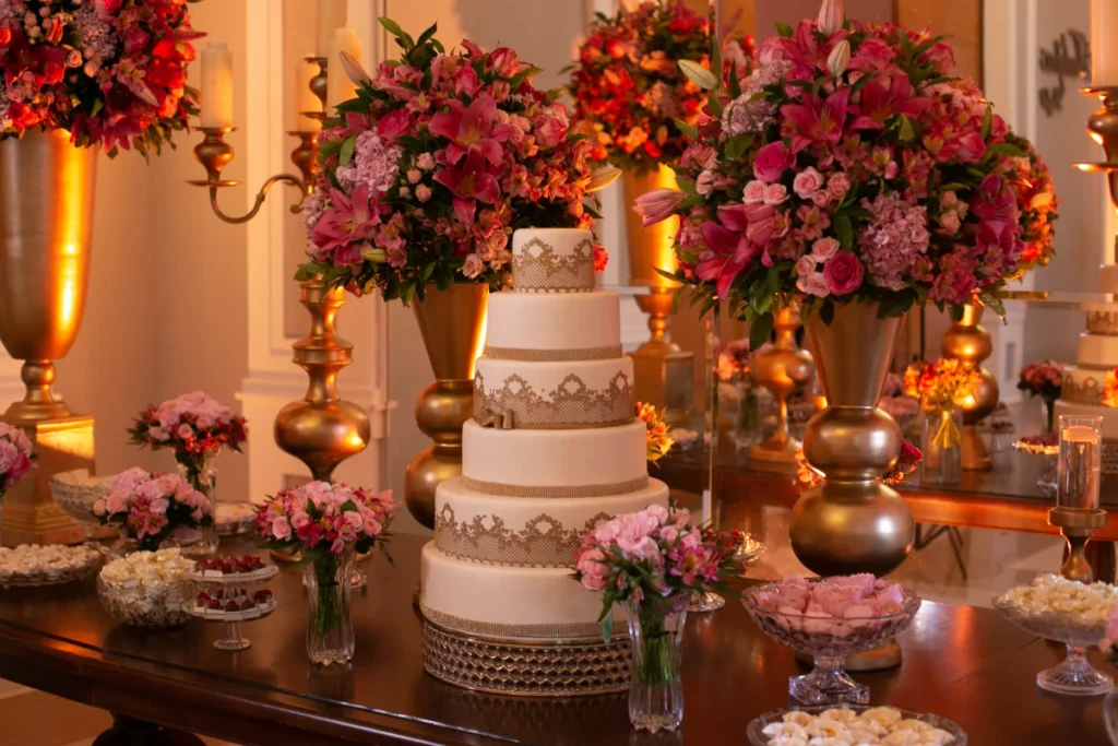 Bolo de casamento branco com detalhes dourados e arranjos florais rosa em vaso dourado em mesa decorada com doces e flores