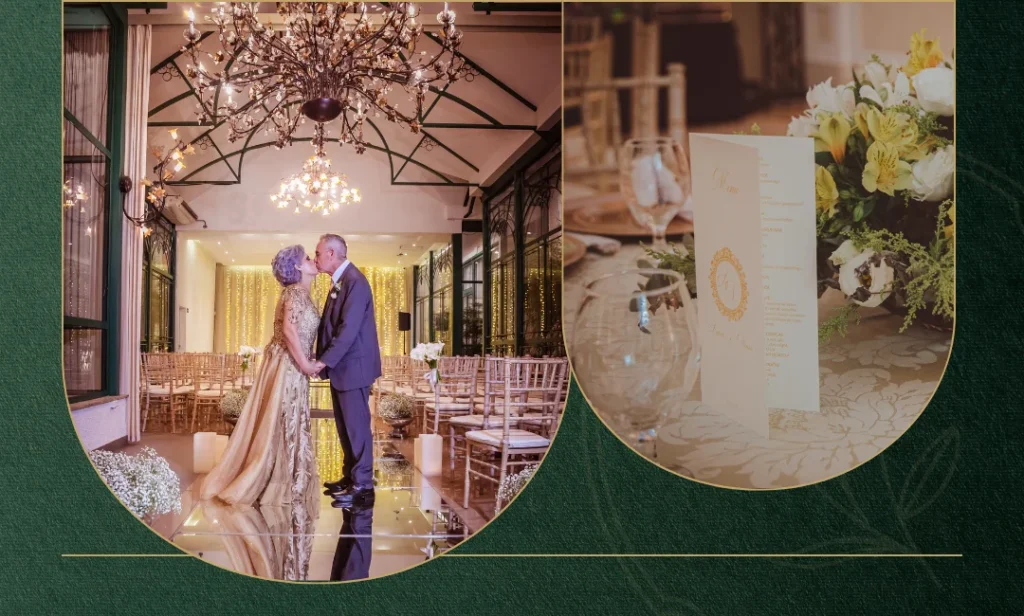 Casal de idosos se beijando em cerimônia de casamento elegante com decoração clássica e iluminação quente
