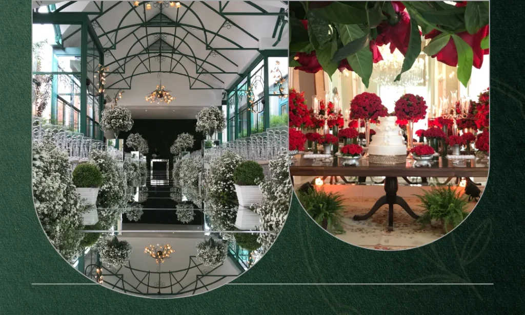 decoração de casamento com corredor espelhado e arranjos brancos e mesa de bolo decorada com flores vermelhas
