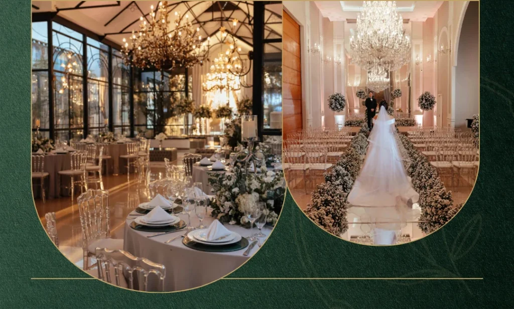 Salão de casamento decorado com mesas redondas, cadeiras transparentes e lustres elegantes